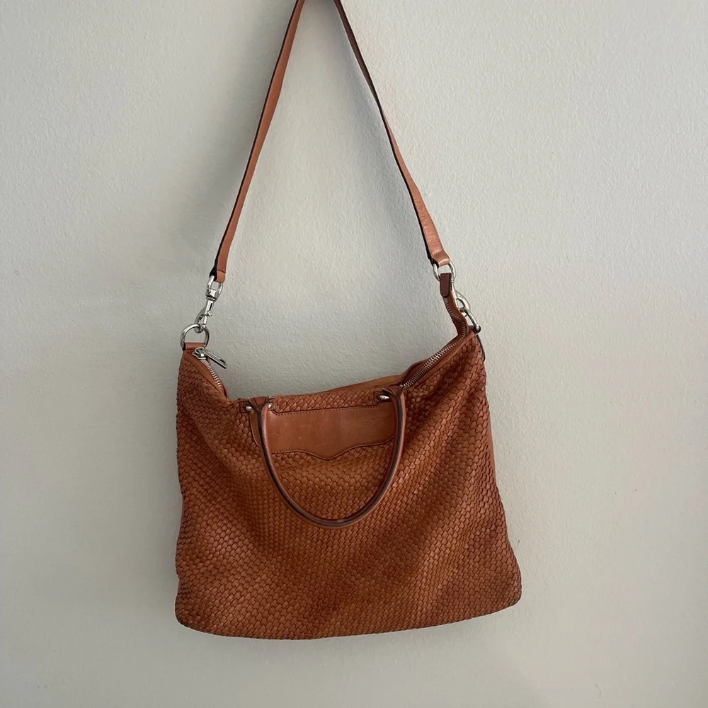 Rebecca Minkoff Bonnie Box Woven Almond Brown Leather Satchel Shoulder Bag - Picture 3 of 15